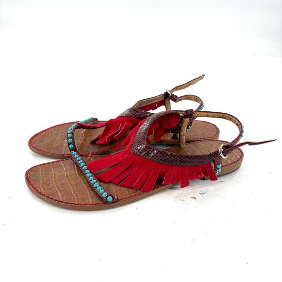 Sam Edelman Bead Fringe Sandals 8 Brown Tan Red Turquoise Southwestern - Picture 5 of 6
